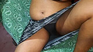Submissive secretary undresses at home office