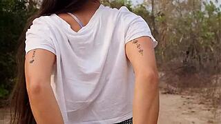 Watch her flash naked body in forest!