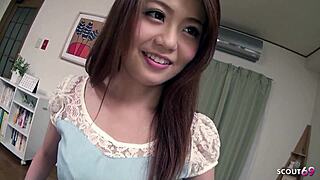 Tiny japanese girl with perfect natural tits give blowjob to older guy and let him cum in mouth