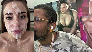 Delicious blonde girl with a bottle in her ass freckled teen gets a facial from a bbc bukkake session