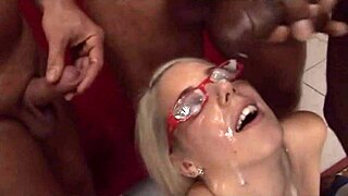 blonde babe sucks cock, gets cum on her sexy glasses