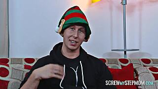 christmas oral surprise with brunette milf blowjob