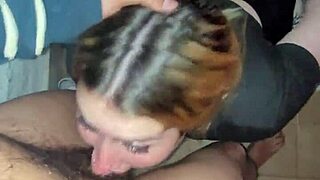 The guy deepthroats her, sucking every last drop of cum.