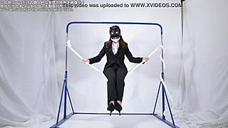 A woman intensely masturbates using a tight rope for pleasure