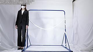 A woman intensely masturbates using a tight rope for pleasure