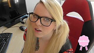 Cute blond girl fucked in uniform, big cumshot on glasses