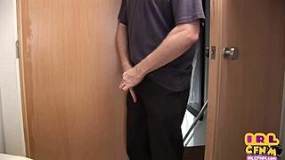 Amateur brunette babe in femdom uniform gets pussybanged on knees in bedroom with shoes and leggings