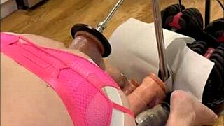 Barefoot sissy in the kitchen slides dildos deep into her ass for fun