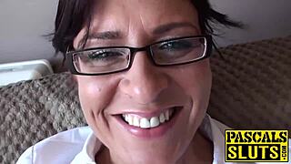 Attractive busty MILF AMBER MASTURBATES on the SOFA!