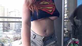 Hot Gamer Girl Flashes Boobs Clothed on Balcony Outdoor
