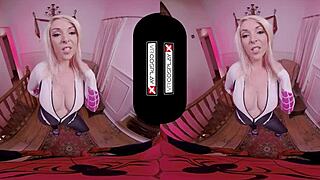 Spider Gwen in VR cosplay blows mind with mouth and pussy action