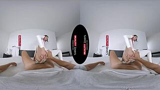 in reality vr, a skinny petite android in latex gets bent over for doggystyle and cowgirl riding