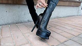 Russian Blonde Teases in Leather and Heels!