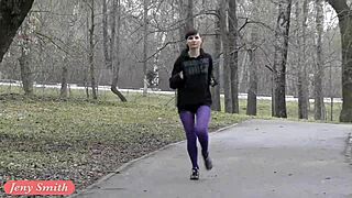 jeny smith feeling great during her pantyhose workout outdoors