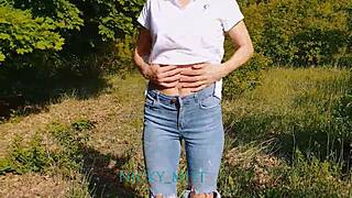 Outdoor handjob with stepsister while she masturbates monster cock