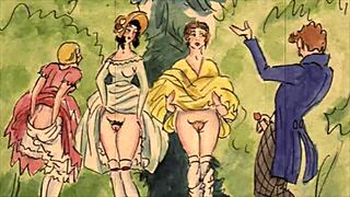 Vintage erotic drawings depicting retro scenes with antique anime hentai elements