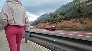 this solo masturbation happens outdoors near mountains