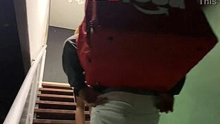 Young girl in towel gets pizza guy's cum