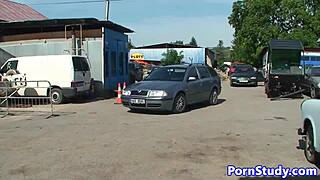 Nudist Eurobabe Teases Mechanics With Her Trimmed Tattoo Charm.