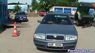 Nudist Eurobabe Teases Mechanics With Her Trimmed Tattoo Charm.