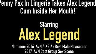 Penny Pax in lingerie swallows Alex Legend's cum after deepthroat
