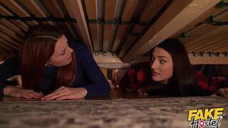 redhead and brunette babes get wet pussies pumped in dorm before threesome blowjob and riding