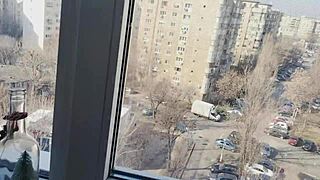 Hot ass pantyhose teen strips at window, rips clothes, plays with big cock intensely