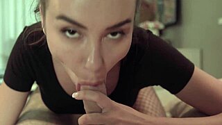 sexy tattooed babe with natural tits sucks monster cock, sloppy handjob to cum in mouth