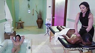 interracial threesome with teen pussy massage at relaxing spa