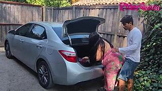 stepmom cougar seduces young man for steamy outdoor car action