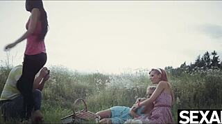 Stunning Lesbians With Perfect Tits Devour Each Other On Retro Road Trip. Public Pussy Eating At Its Best!