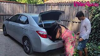 stepmom cougar seduces young man for steamy outdoor car action