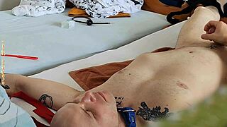 Gay couple engages in nuts teabag rimjob foot spanking edging and dirty fun with hogtied twink