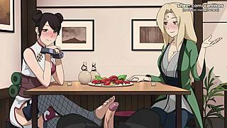 Naruto kunoichi tsunade and tenten perform handjob and foot job in public restaurant