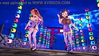 Two nude girls dance sensually in 3D animation