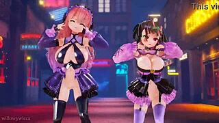 Two nude girls dance sensually in 3D animation