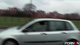 British petite blonde flashing shaved pussy in public