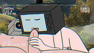 TV woman and cameraman in toilet blowjob animation.