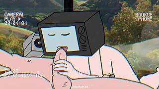 TV woman and cameraman in toilet blowjob animation.