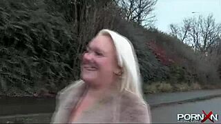 British petite blonde flashing shaved pussy in public