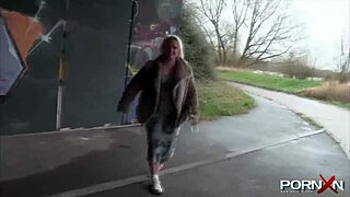 British petite blonde flashing shaved pussy in public