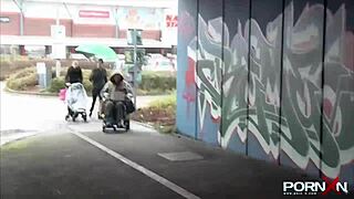 British petite blonde flashing shaved pussy in public