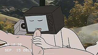 TV woman and cameraman in toilet blowjob animation.