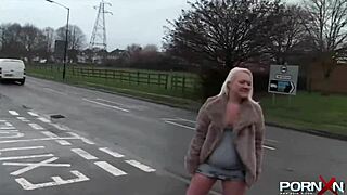 British petite blonde flashing shaved pussy in public