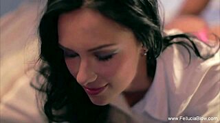 watch her suck cock on the bed 😈 blonde brunette blowjob to cumshot