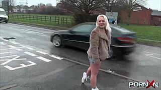 British petite blonde flashing shaved pussy in public