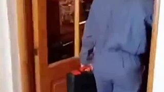 Plumber unclogs pipe with big cock blowjob