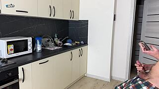 Young step mom catches stepson jerking and craves rough table fuck