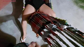 Madrasta unaware of exposed shorts while relaxing in hammock. I can't resist getting hard over her curves.