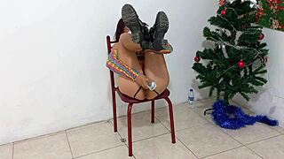 Latina Slut Penetrates Big Pussy with Christmas Dildo for Orgasm